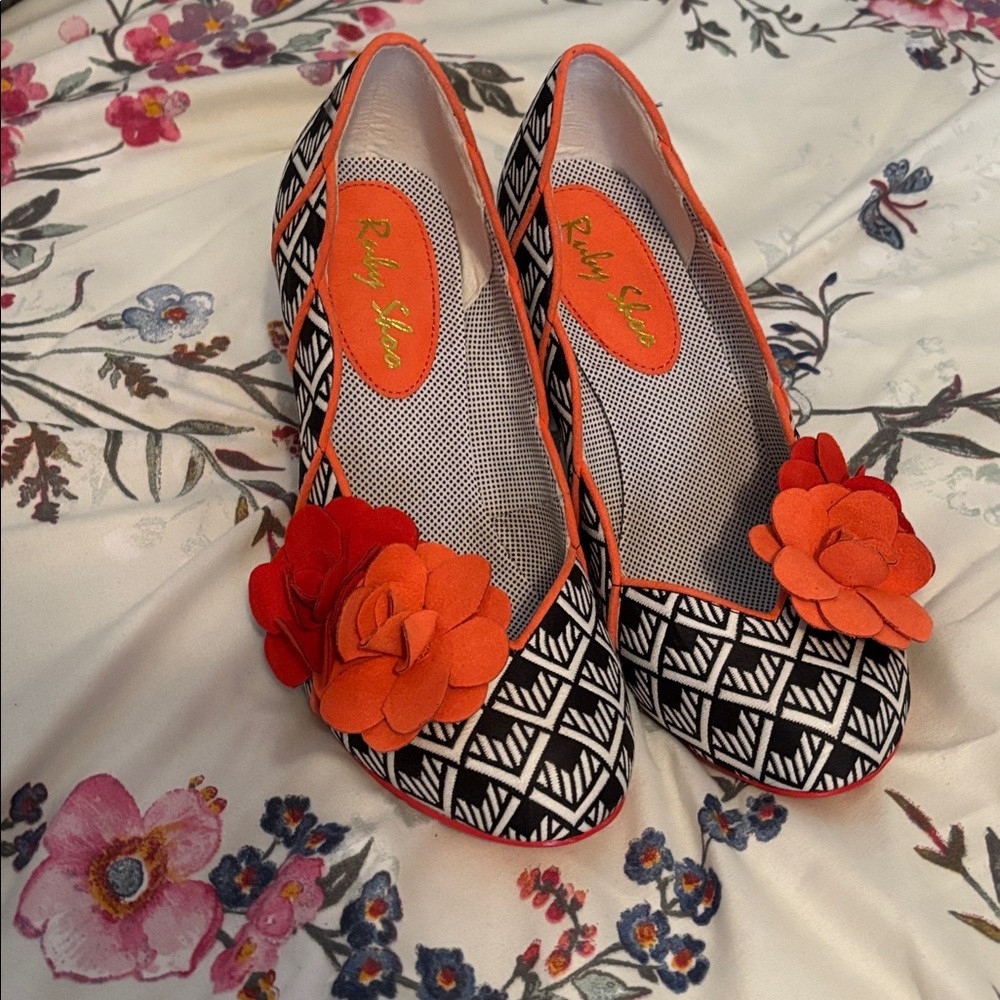 Ruby Shoo Geometric Black and Orange Heels